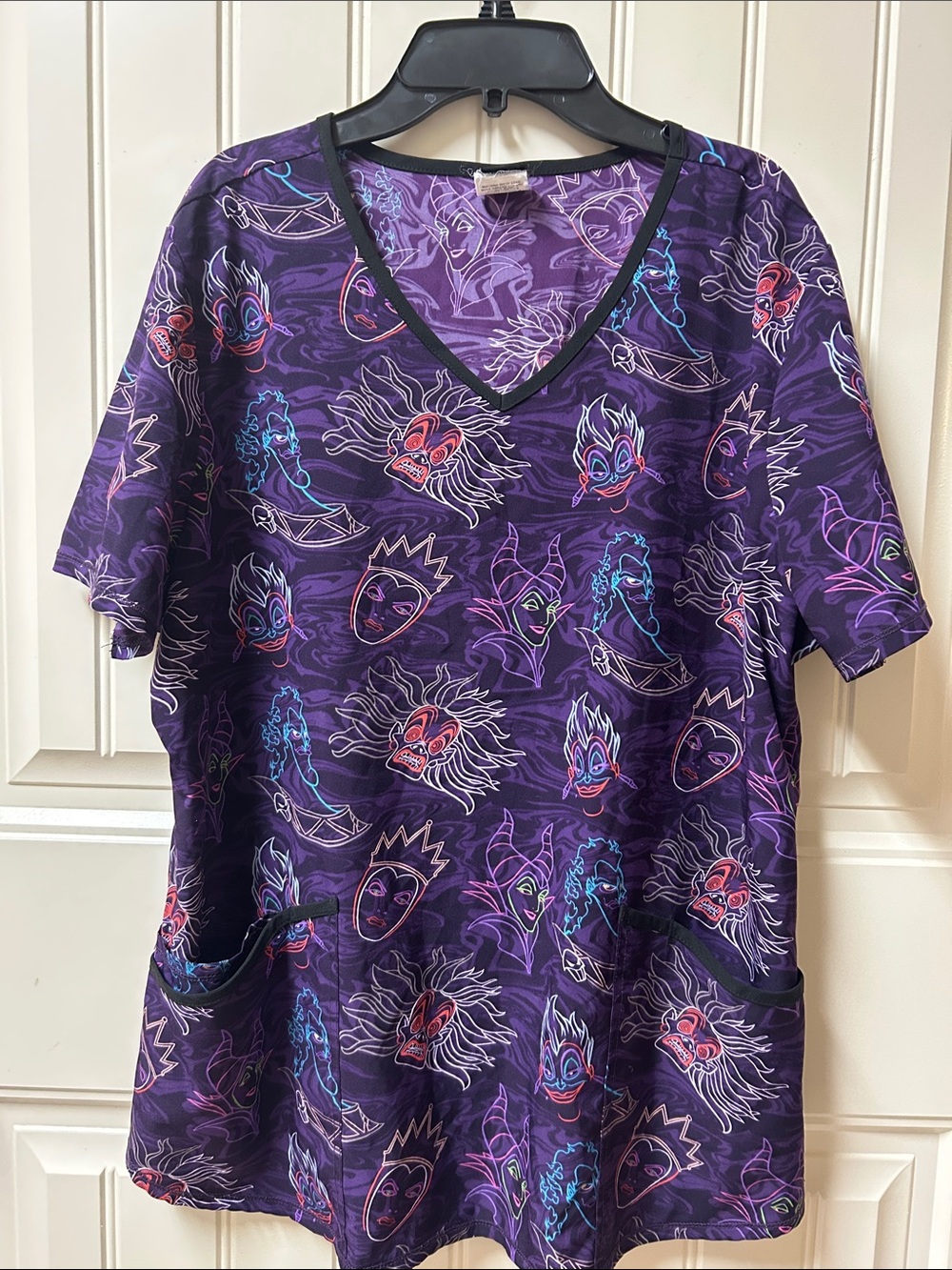 Disney Purple Short Sleeve V-Neck Top with Multicolor Villain Faces
